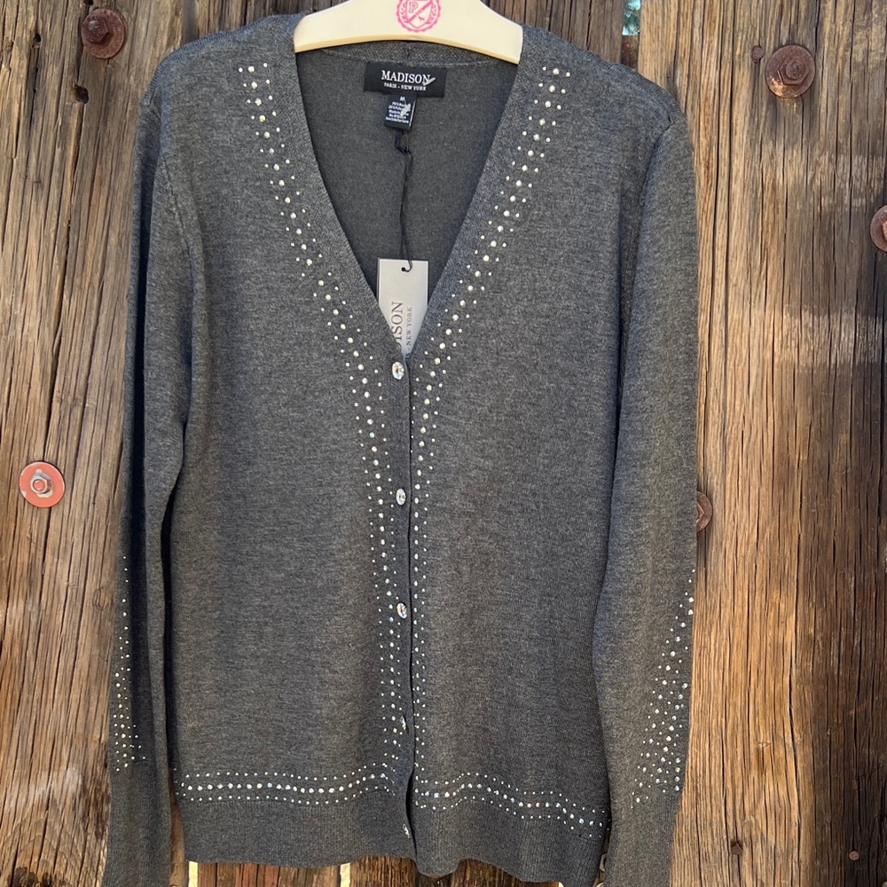 Madison NWT Charcoal Cardigan with Stud/rhinestone Accents